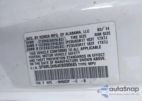 2014 Honda Odyssey Ex-L из США, поврежденный, VIN 5FNRL5H64EB090685